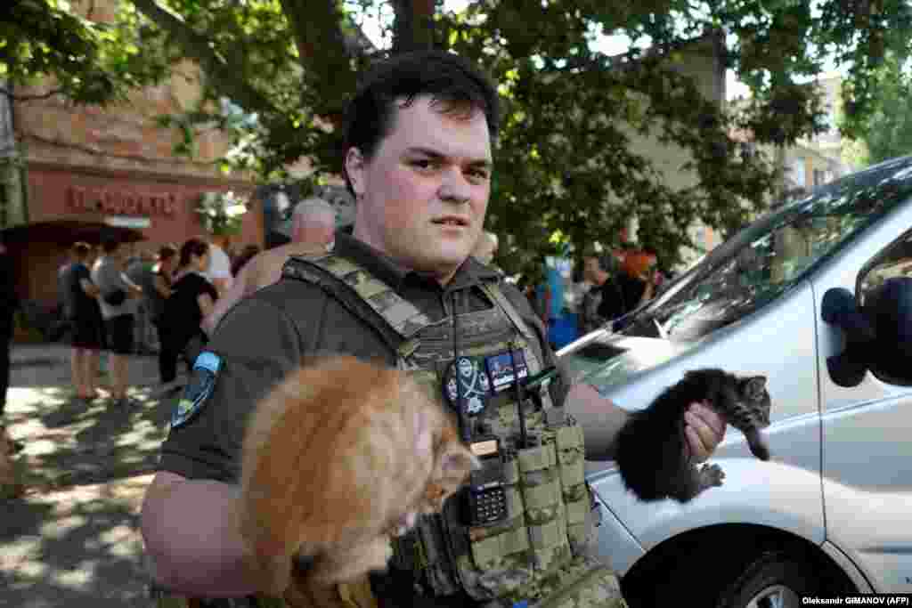 Un soldat ucrainean este fotografiat în timp ce salvează două pisici, Herson, Ucraina, 7 iunie 2023.