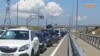 Traffic jam at the entrance to the Kerch Bridge