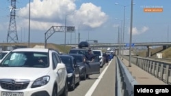 Traffic jam at the entrance to the Kerch Bridge