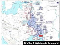 Радянсько-німецький фронт у другій половині 1943 року. «Східний вал» позначений червоною зубчастою лінією