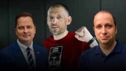 Старшы дарадца Ціханоўскай Франак Вячорка, палітоляг Аляксандар Фрыдман, былы палітвязень Сяргей Ціханоўскі. Ілюстрацыйны каляж 