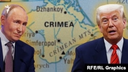 Президент Росії Володимир Путін (л) і президент США Дональд Трамп на тлі мапи анексованого Криму. Колаж