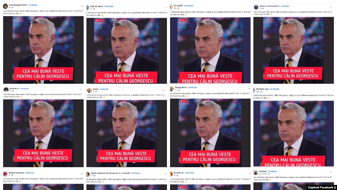 Exemplu de postări identice pe Facebook, care fac referire la Călin Georgescu. Toate postările duc spre pagini de internet unde este reluat același articol.