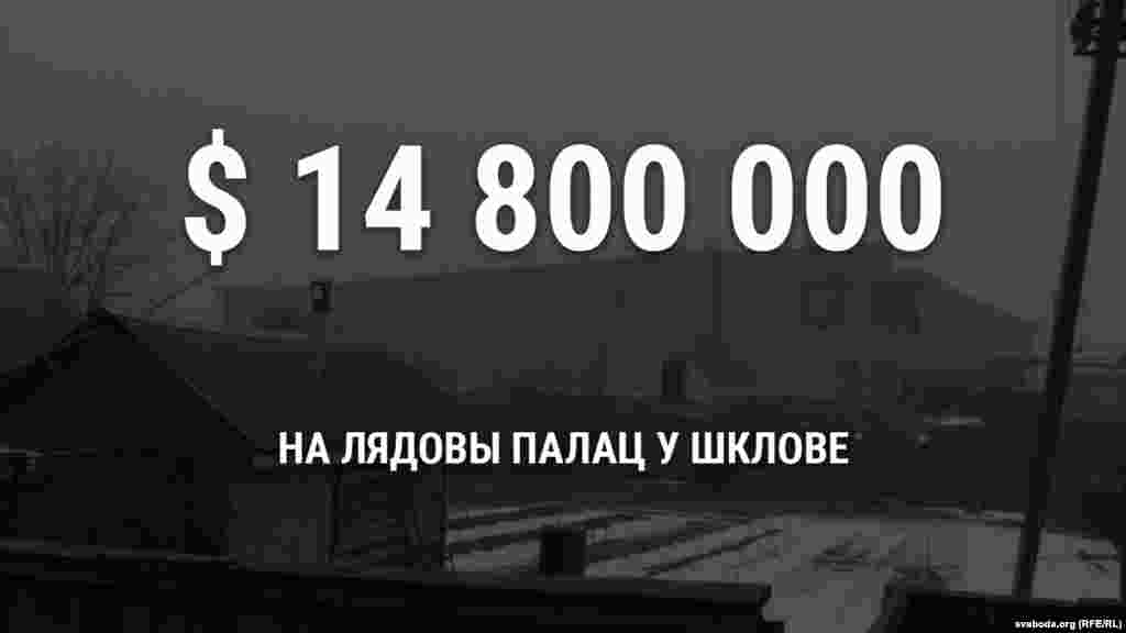 А яшчэ 14,8 мільёна даляраў. Прыкладна столькі выдзелілі зь дзяржаўнага бюджэту на будоўлю лядовага палаца ў Шклове. Аб’ект будавалі зь лета 2010 па восень 2016 году. У хакейным матчы з нагоды адкрыцьця новай арэны кіраўнік краіны закінуў тры шайбы і зрабіў дзьве галявыя перадачы.