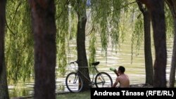 În imagine, un tânăr se protejează de razele solare, la umbră, lângă lacul Alexandru Ioan Cuza din București.